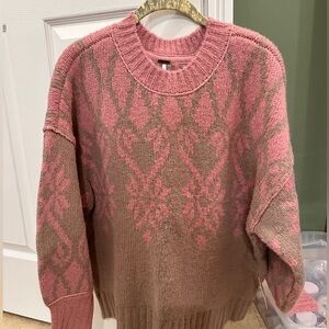 Women’s Free People Pink and Brown Crew Neck Fairisle Sweater